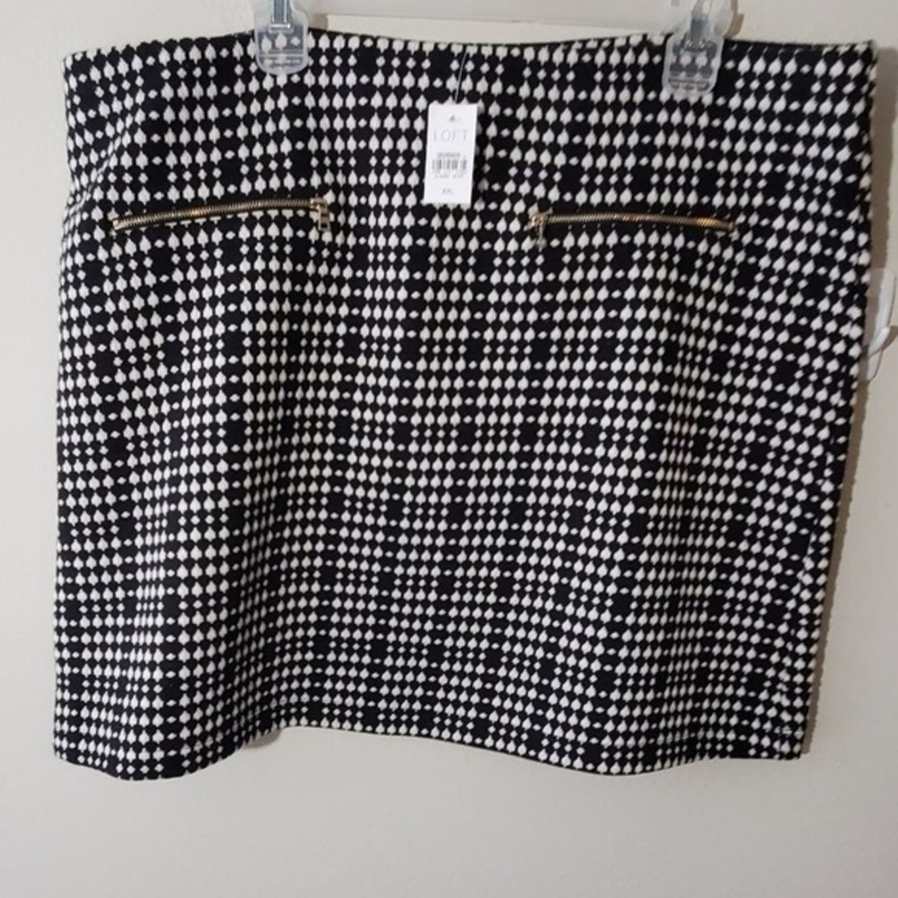LOFT Black & White‎ Houndstooth Academia Skirt Gold Zipper Pockets XXL New